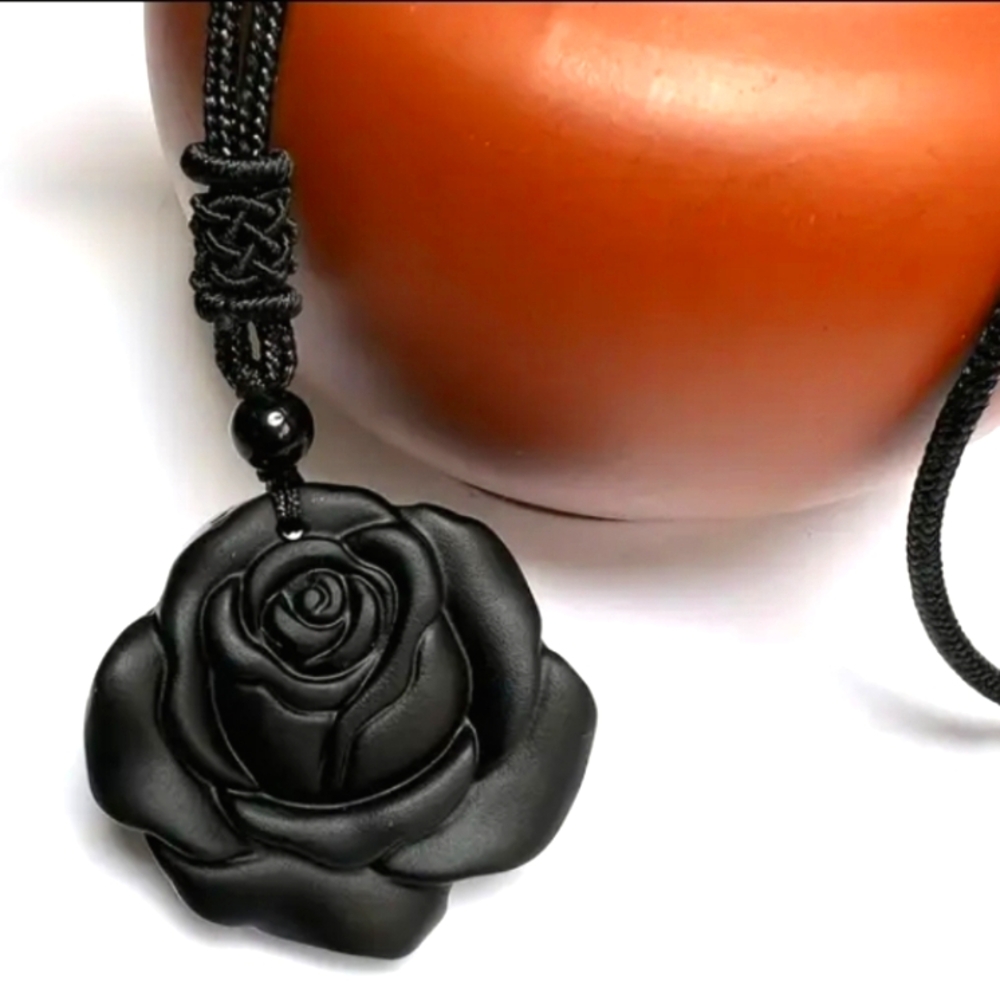 Natural Black Obsidian Rose Pendant Necklace - Non-Plated Flower